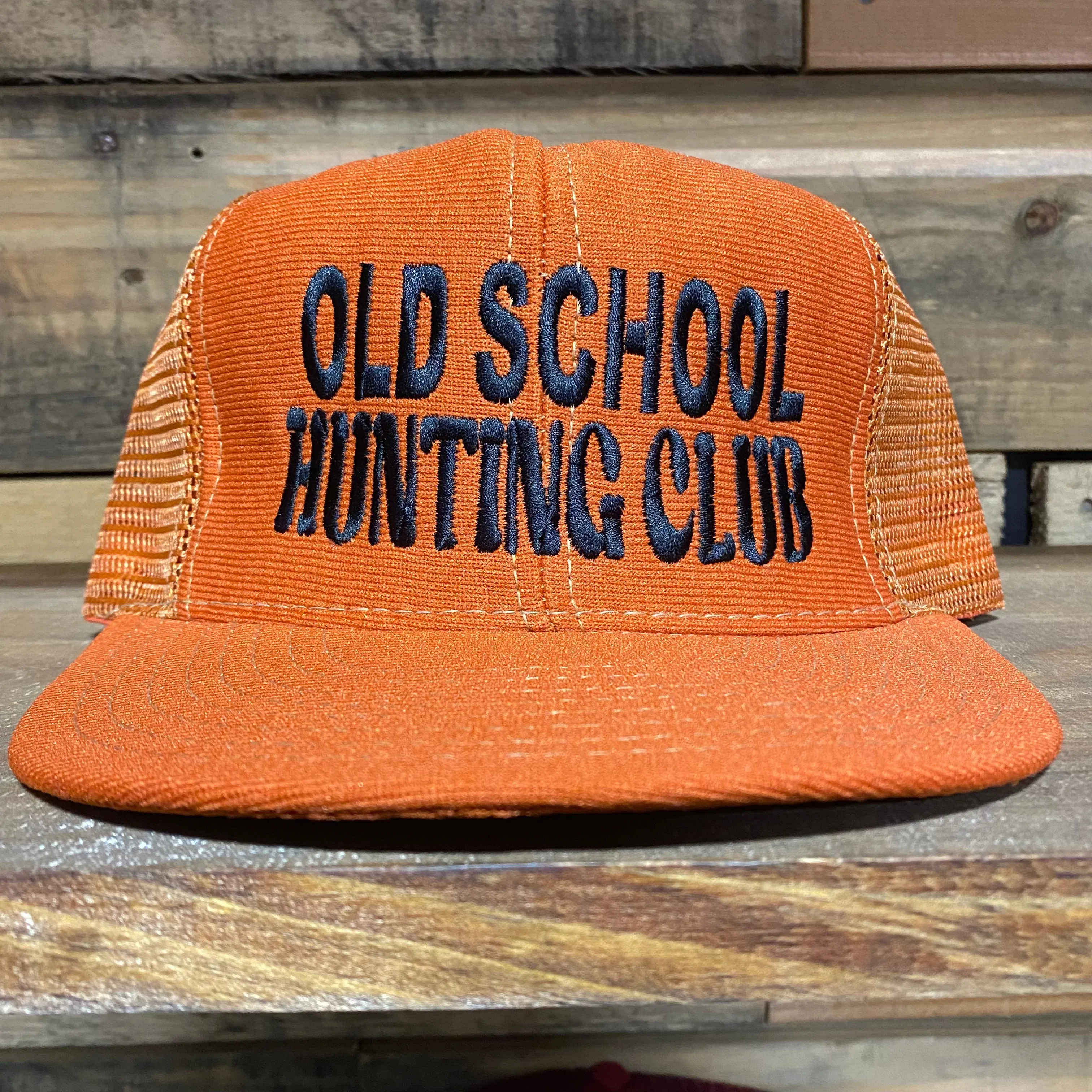 Old school hunting club vintage Orange mesh Snapback hat cap custom embroidery Made in the USA