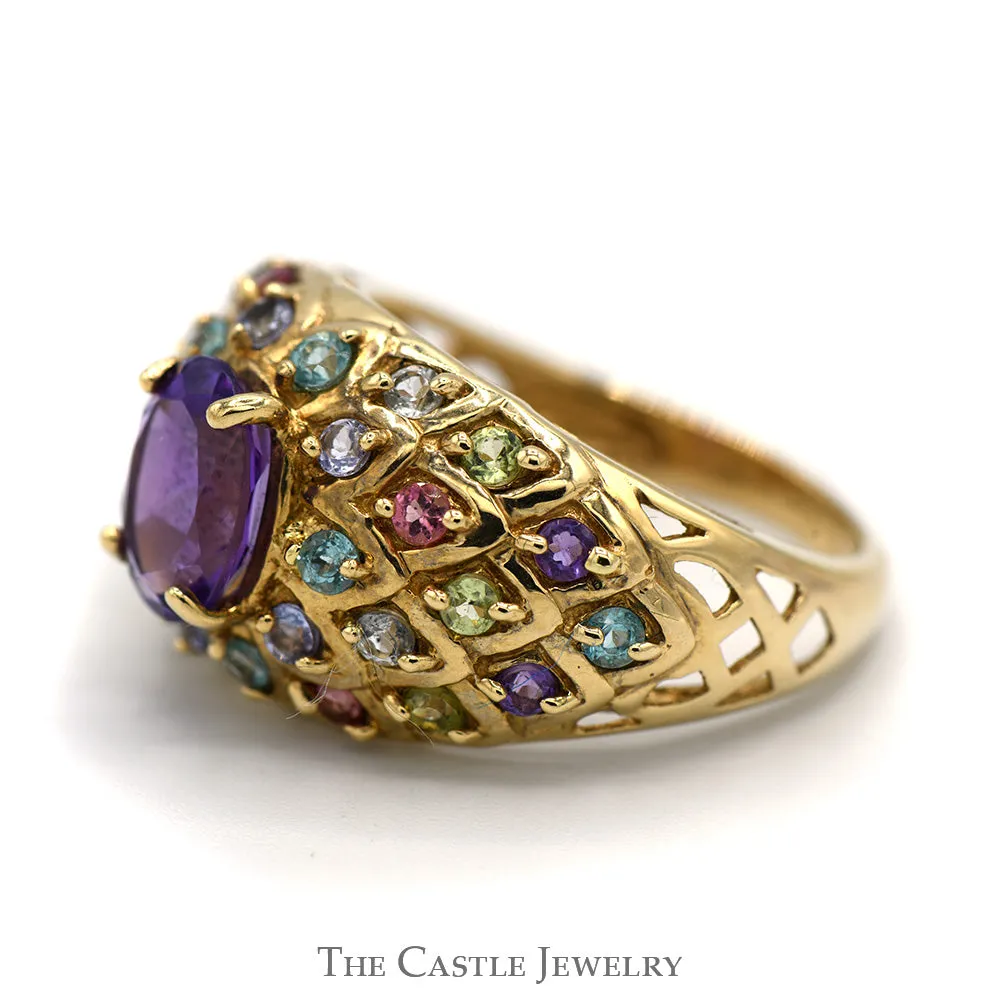 Oval Amethyst & Multi Gemstone Cluster Ring in 10k Yellow Gold