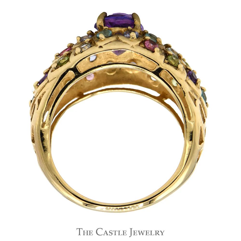Oval Amethyst & Multi Gemstone Cluster Ring in 10k Yellow Gold