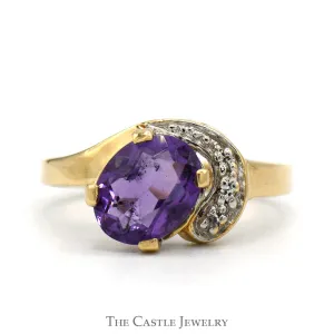 Oval Cut Amethyst Ring with Diamond Accented Swirled Design in 14k Yellow Gold