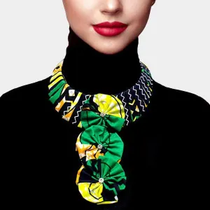Patterned Fabric Green Triple Flower Necklace