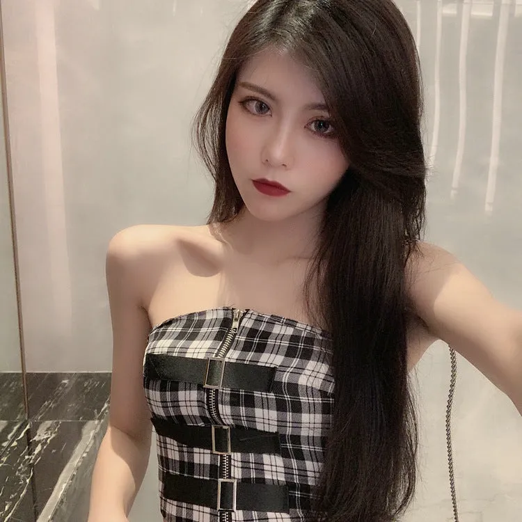 Plaid Strap Slim Top