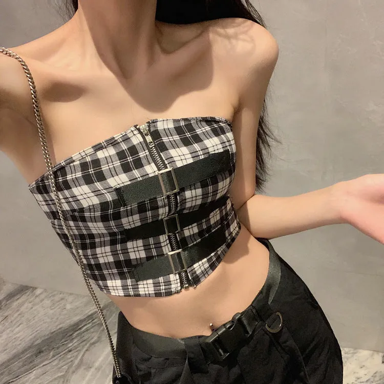 Plaid Strap Slim Top