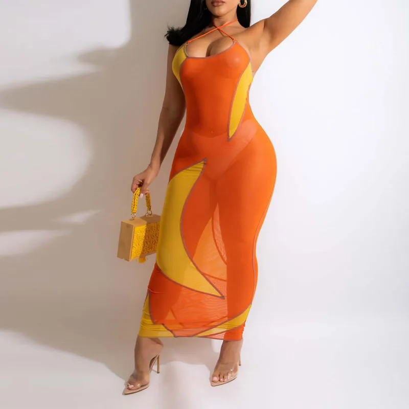 Print Sleeveless Halter Sheer Mesh Midi Dress