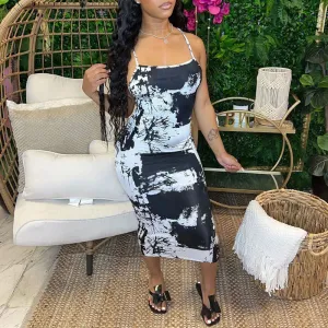 Print Sleeveless Spaghetti Strap Midi Dress