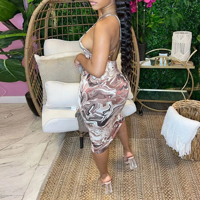 Print Sleeveless Spaghetti Strap Midi Dress