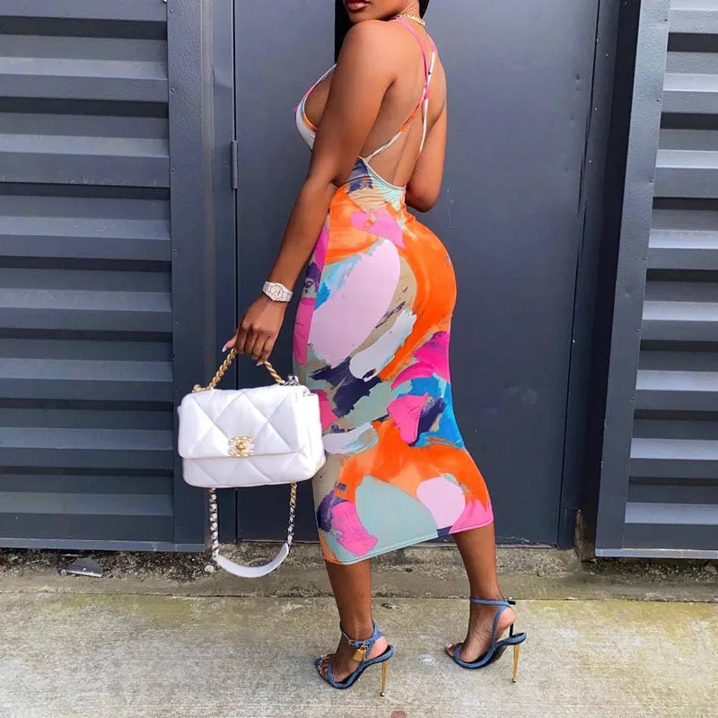 Print Spaghetti Strap Midi Dress