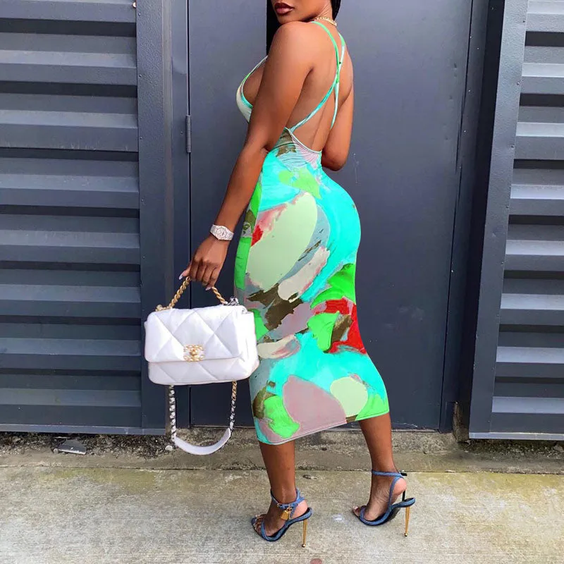 Print Spaghetti Strap Midi Dress