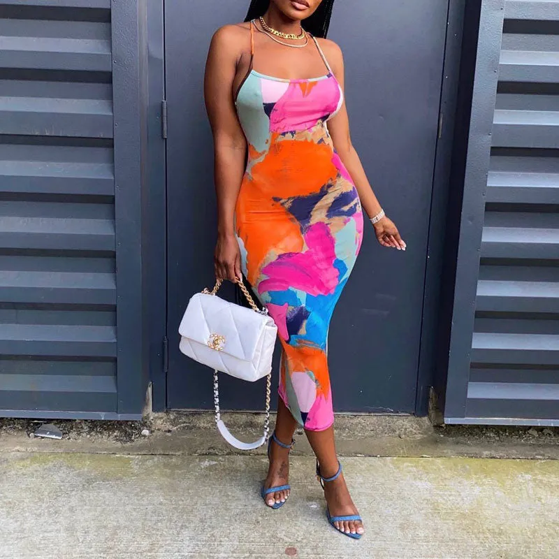Print Spaghetti Strap Midi Dress