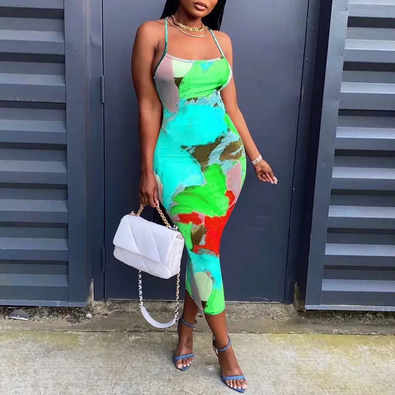 Print Spaghetti Strap Midi Dress