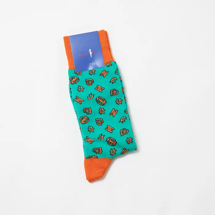 "ADINKRA" DESIGNER SOCKS - TURQUOISE/ORANGE
