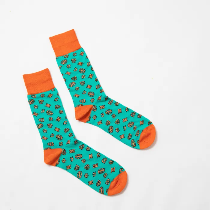 "ADINKRA" DESIGNER SOCKS - TURQUOISE/ORANGE