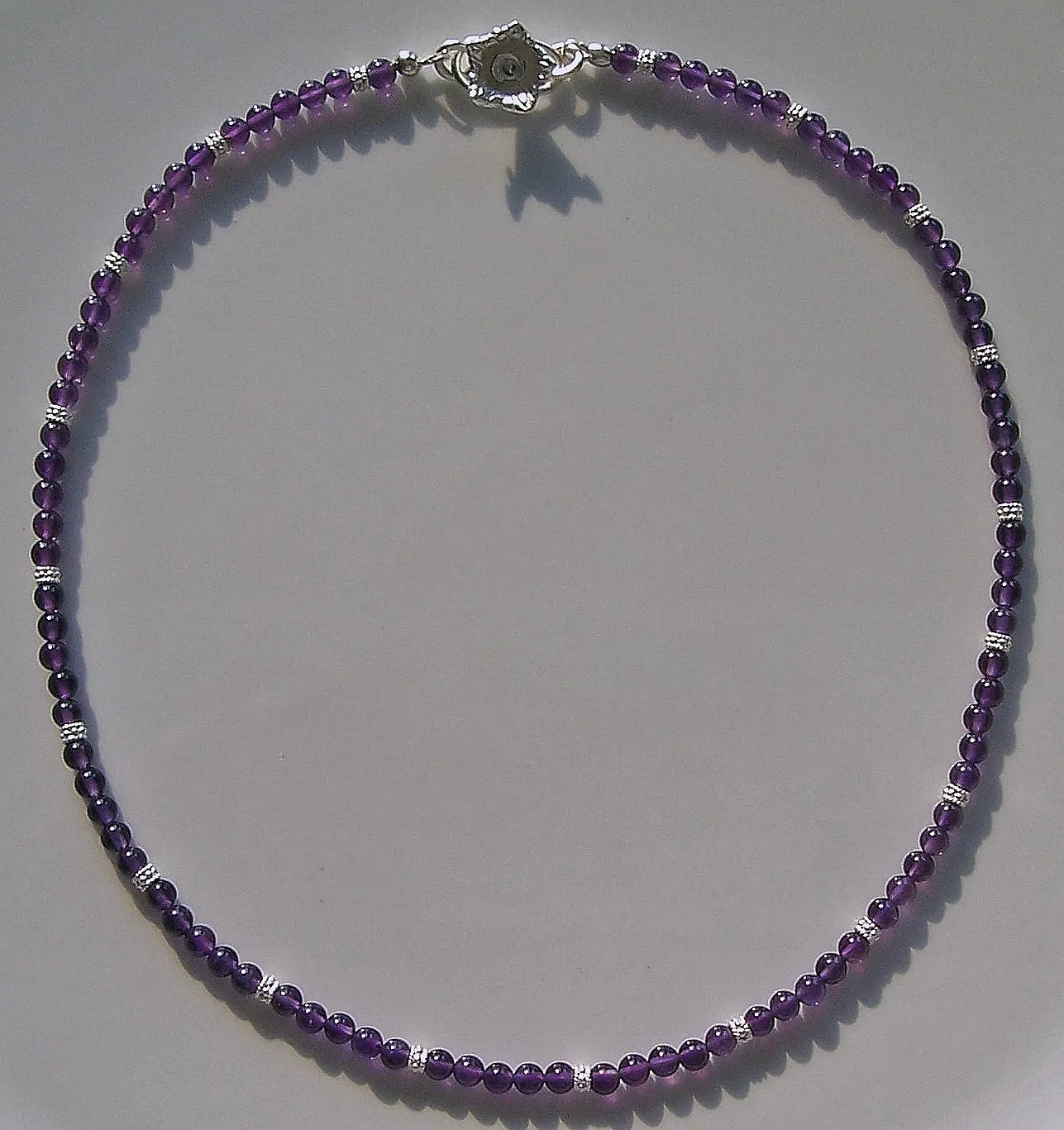 "Violets" One of a Kind Necklace in 999 Fine Silver with Polished Amethyst Beads & Rose Clasp