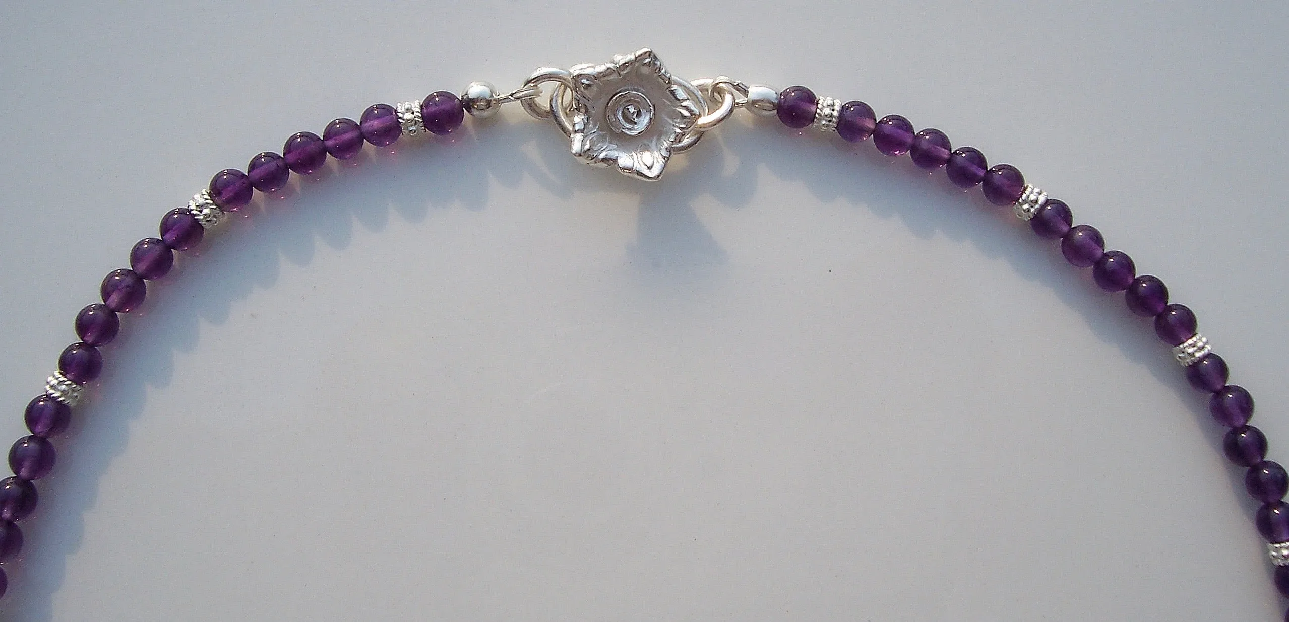 "Violets" One of a Kind Necklace in 999 Fine Silver with Polished Amethyst Beads & Rose Clasp