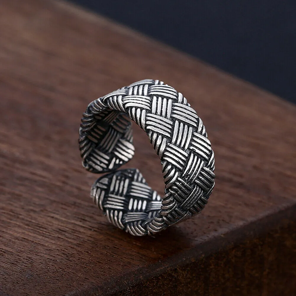 Real Solid 925 Sterling Silver Rings Braided Classical Fashion Punk Jewelry Open Size 7-9