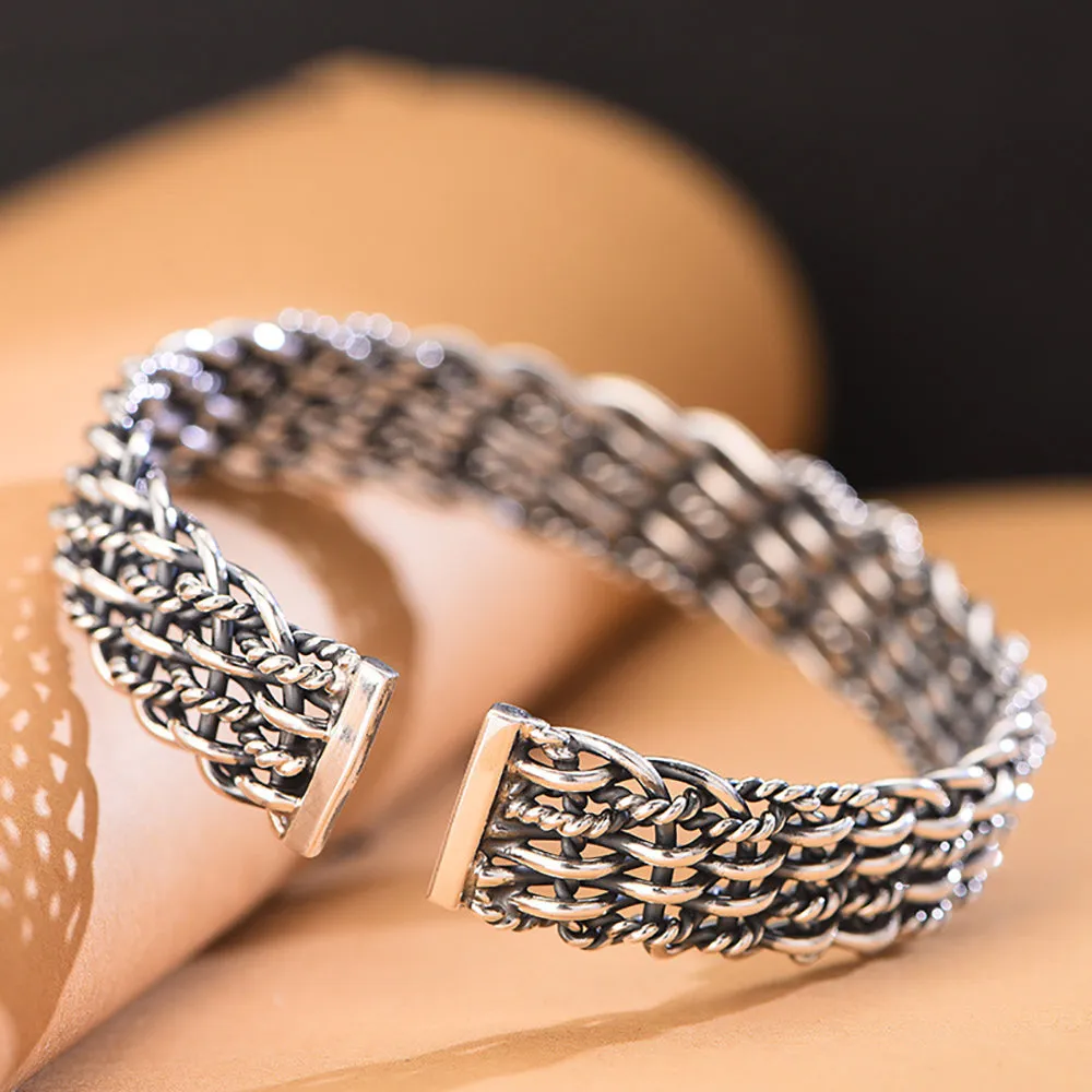Real Solid 999 Fine Silver Cuff Bracelet Braided Twist Fashion Punk Jewelry Open Bangle