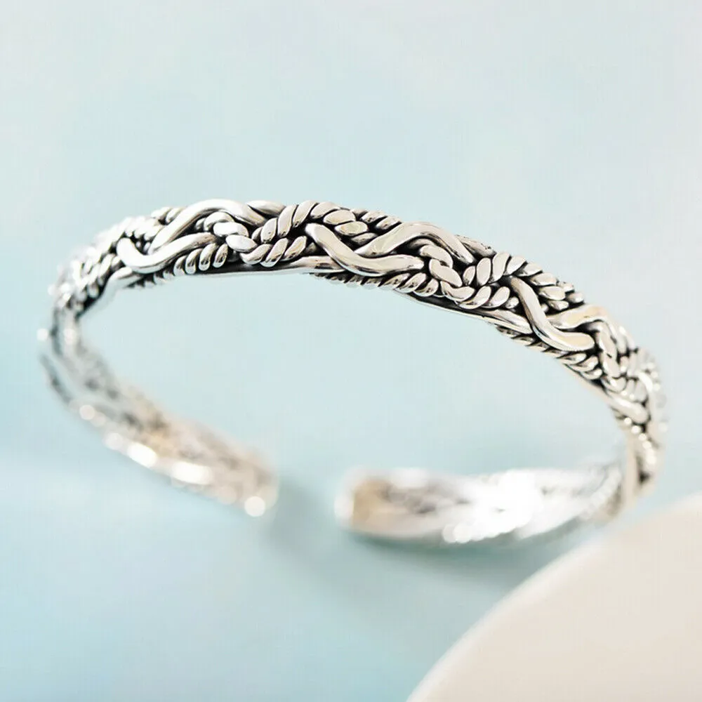 Real Solid 999 Sterling Silver Cuff Bracelet Open Bangle Braided Fashion Punk Jewelry