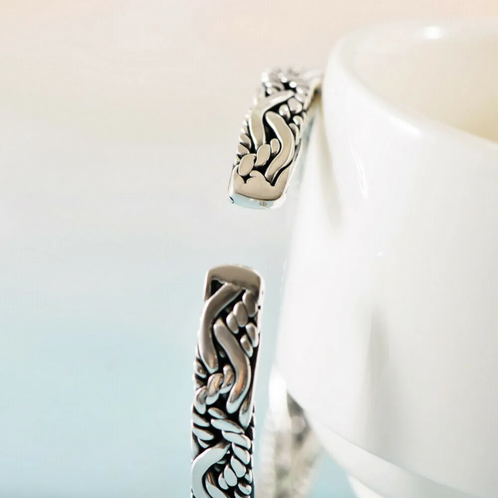 Real Solid 999 Sterling Silver Cuff Bracelet Open Bangle Braided Fashion Punk Jewelry