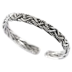 Real Solid 999 Sterling Silver Cuff Bracelet Open Bangle Braided Fashion Punk Jewelry