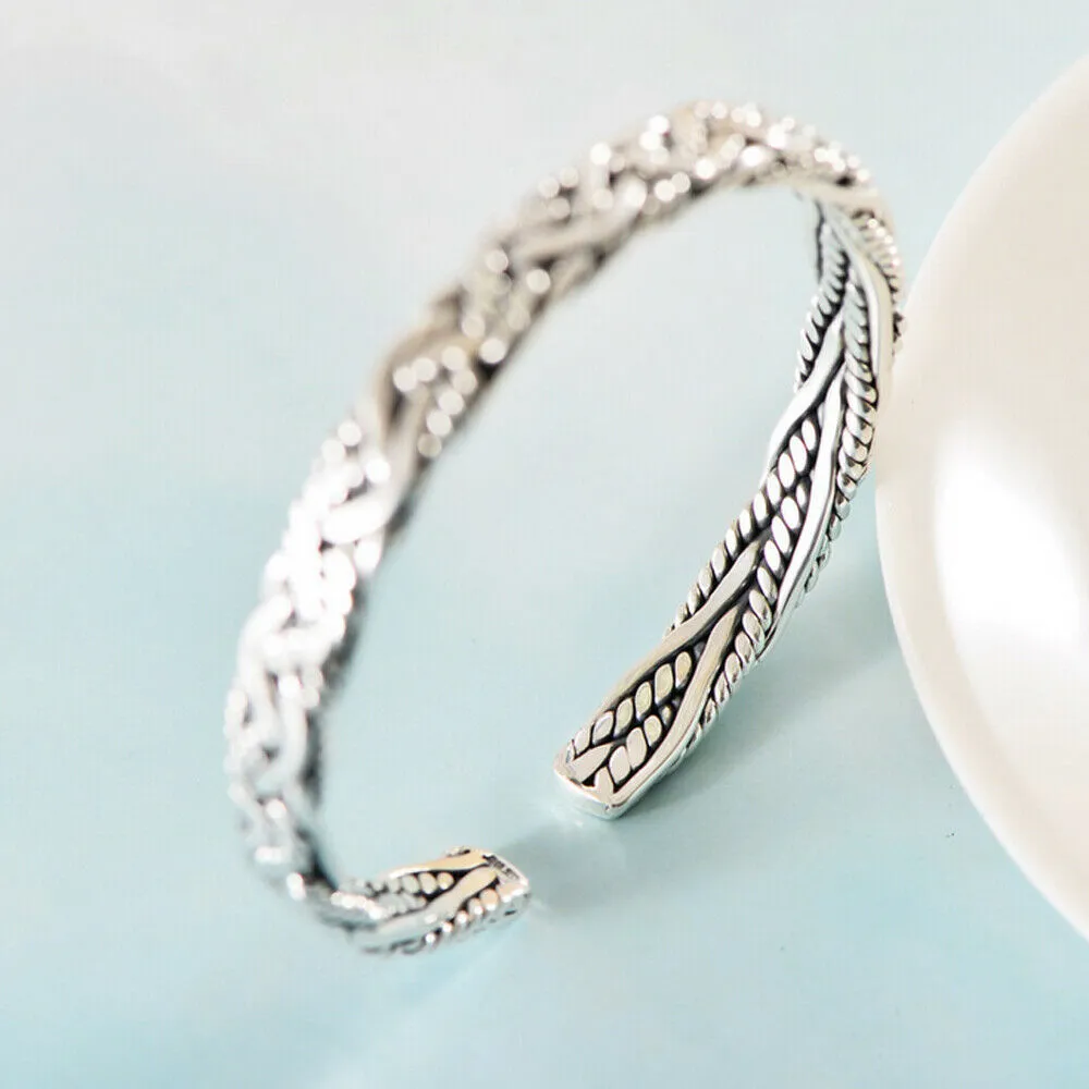 Real Solid 999 Sterling Silver Cuff Bracelet Open Bangle Braided Fashion Punk Jewelry