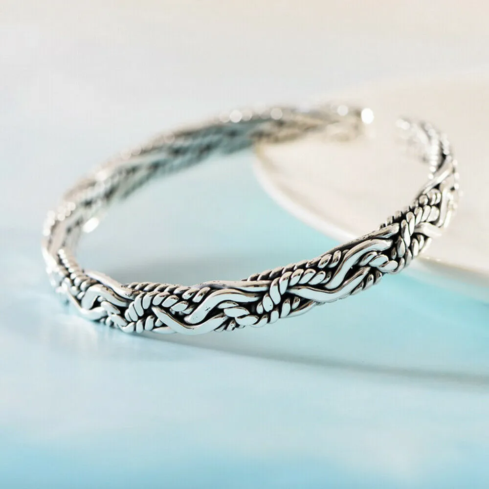 Real Solid 999 Sterling Silver Cuff Bracelet Open Bangle Braided Fashion Punk Jewelry