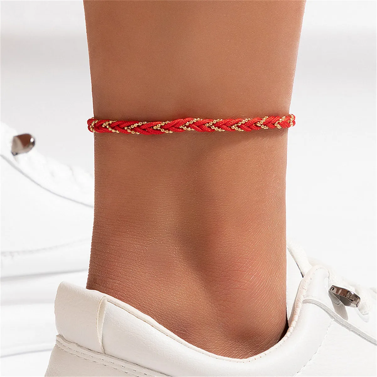 Red Polyster & 18K Gold-Plated Braided Anklet