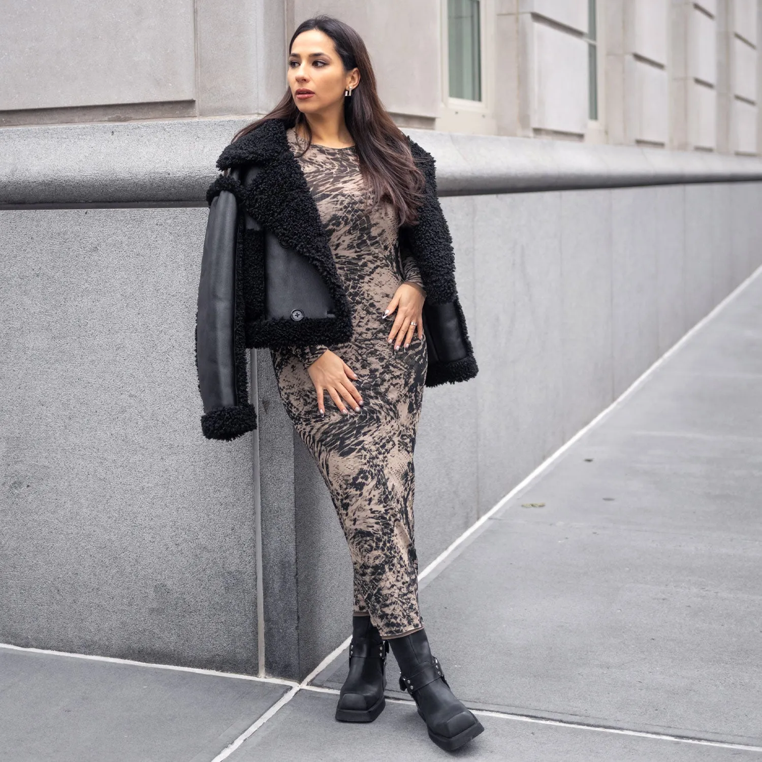 Reversible Leopard-Print Mesh Dress in Brown