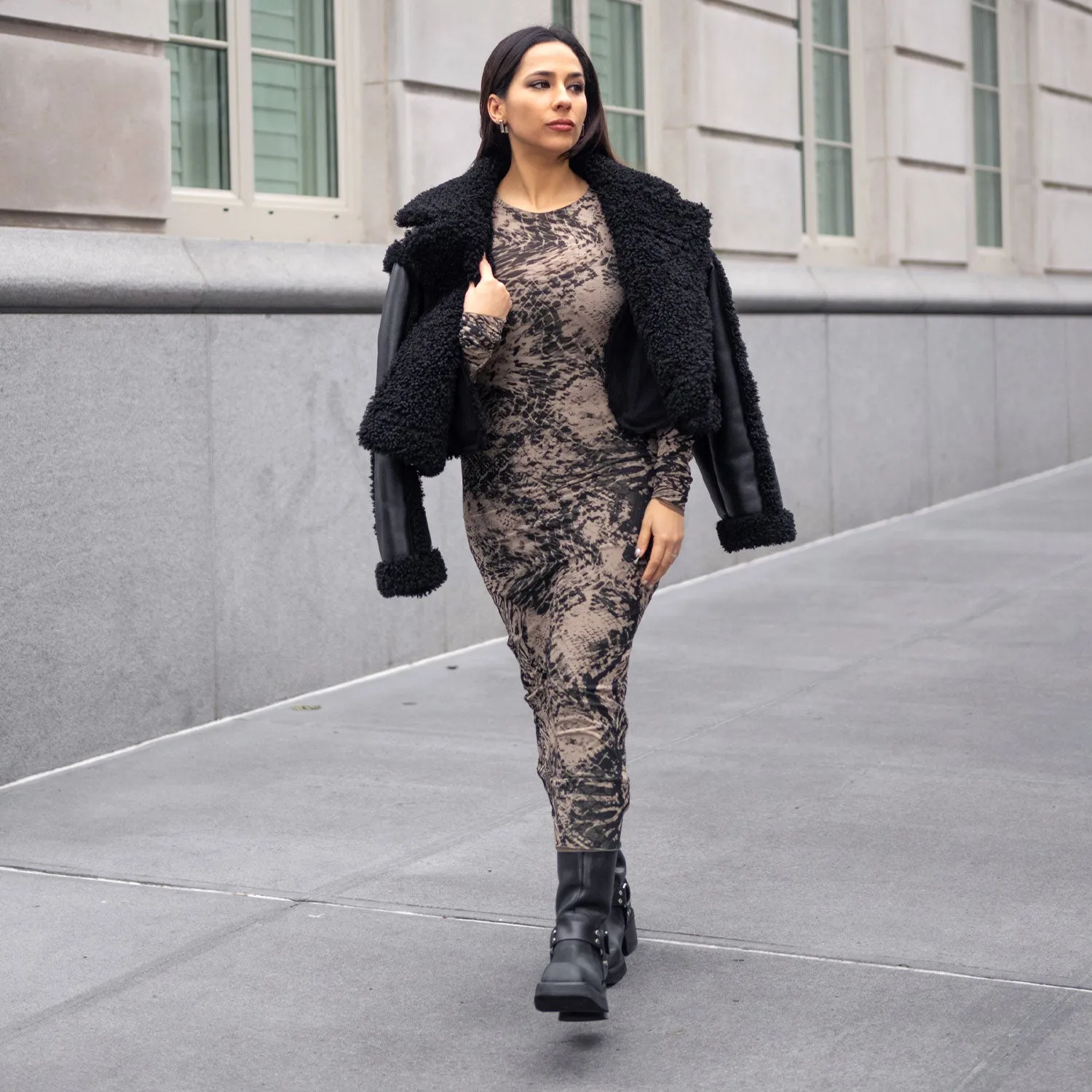 Reversible Leopard-Print Mesh Dress in Brown