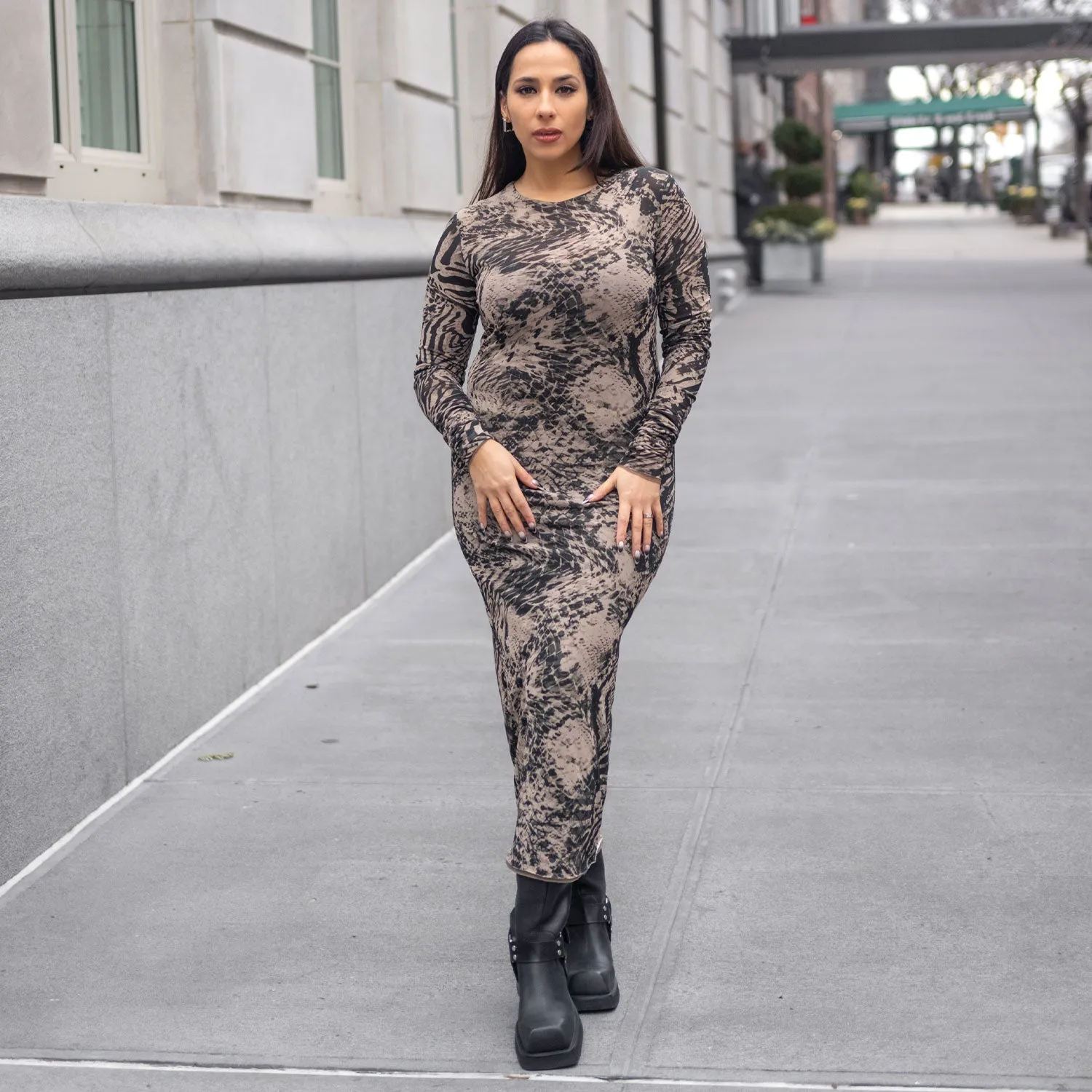 Reversible Leopard-Print Mesh Dress in Brown