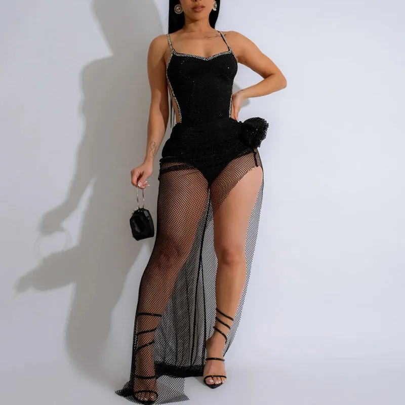 Rhinestone Spaghetti Strap Sheer Mesh Patch Romper