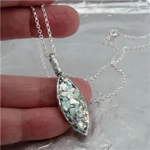 Roman Glass Marquise Necklace Pendant 925 Silver Handmade Hadar Designers(AS)y