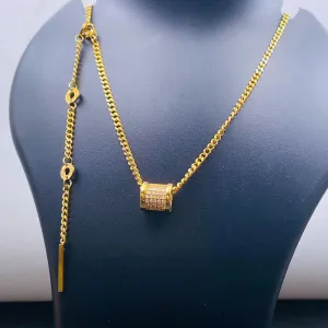 Roman Number Cubic Zirconia - 18K Gold Stainless Steel Curb Chain Necklace for Women
