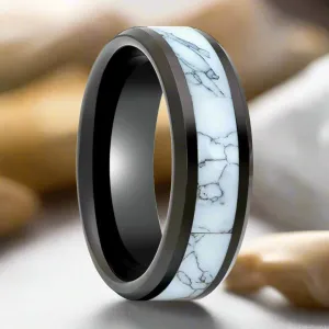 ROSSITER | Black Tungsten Ring White Turquoise Inlay