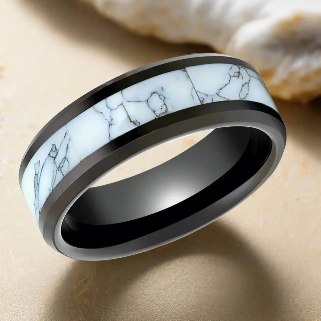 ROSSITER | Black Tungsten Ring White Turquoise Inlay