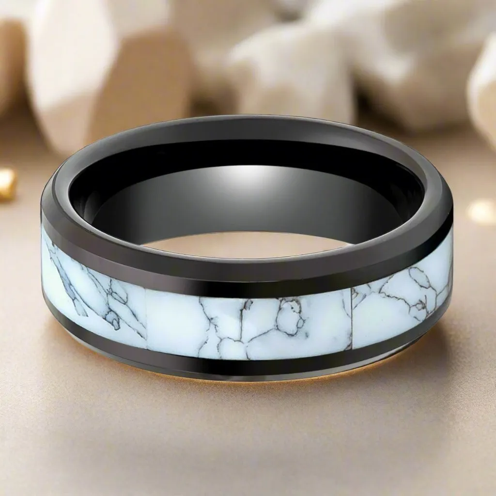 ROSSITER | Black Tungsten Ring White Turquoise Inlay