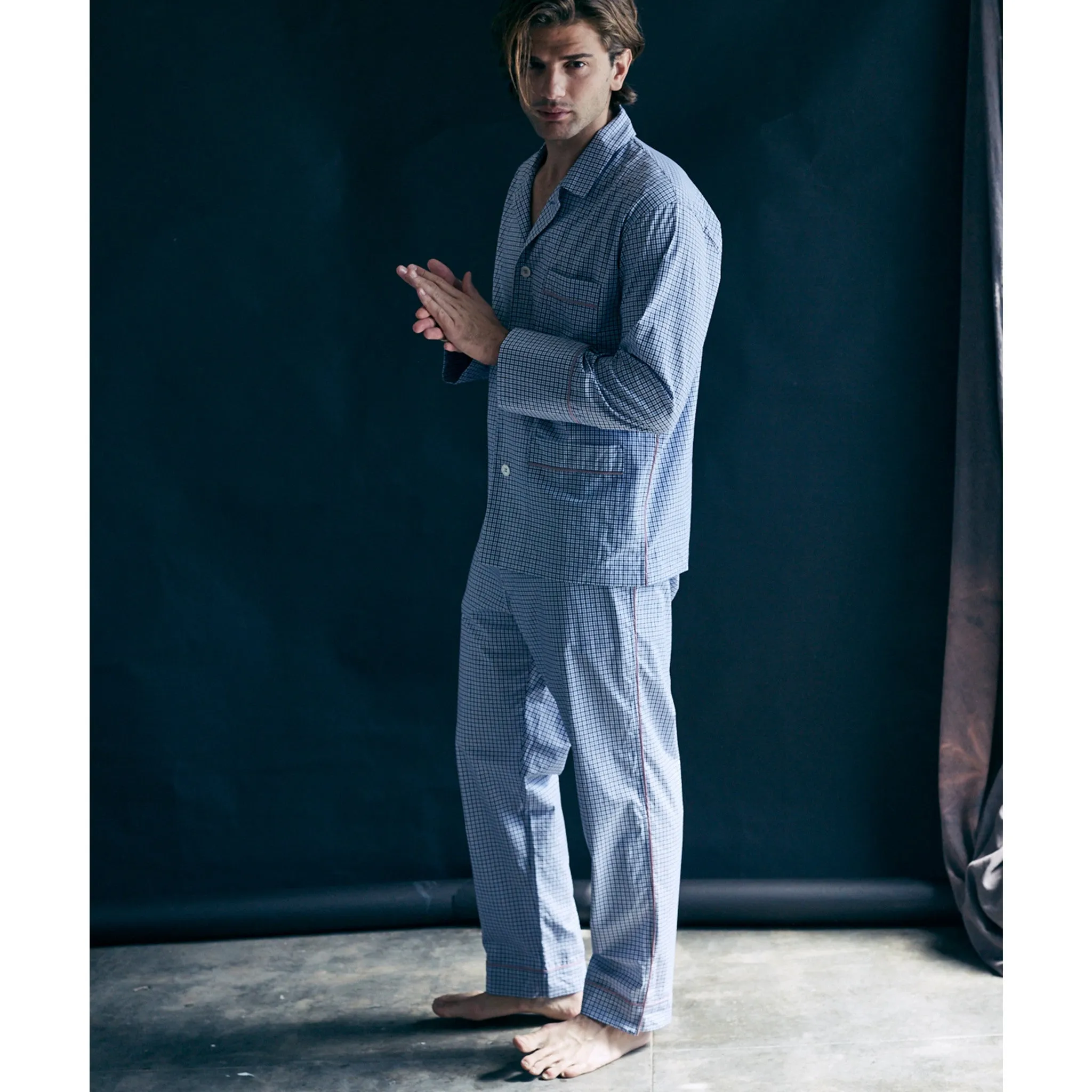 Saturn Pajama Pant in Blue Micro Check Italian Cotton