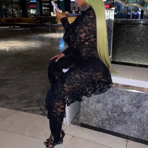 Sexy Lace Hollow Out Ruffles Long Sleeve Jumpsuit