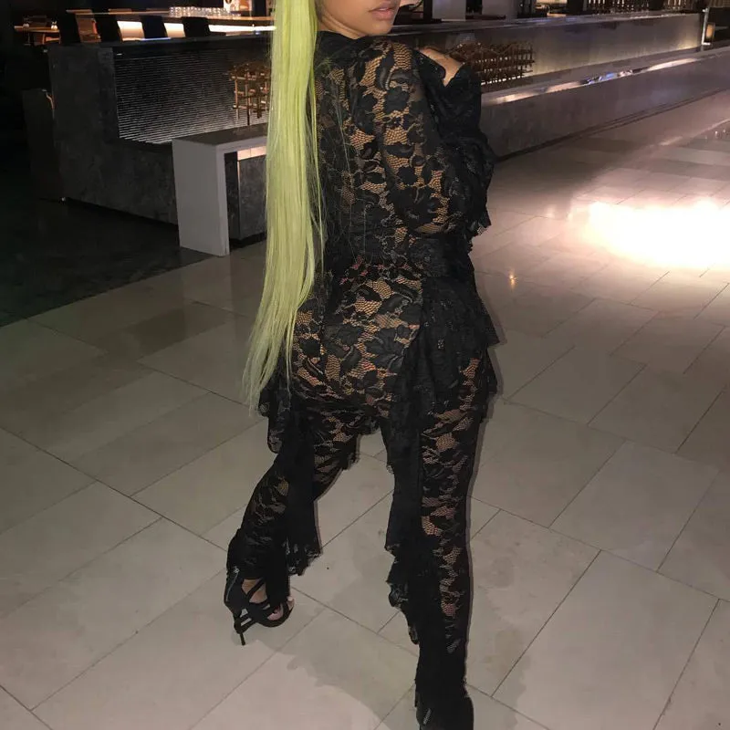 Sexy Lace Hollow Out Ruffles Long Sleeve Jumpsuit