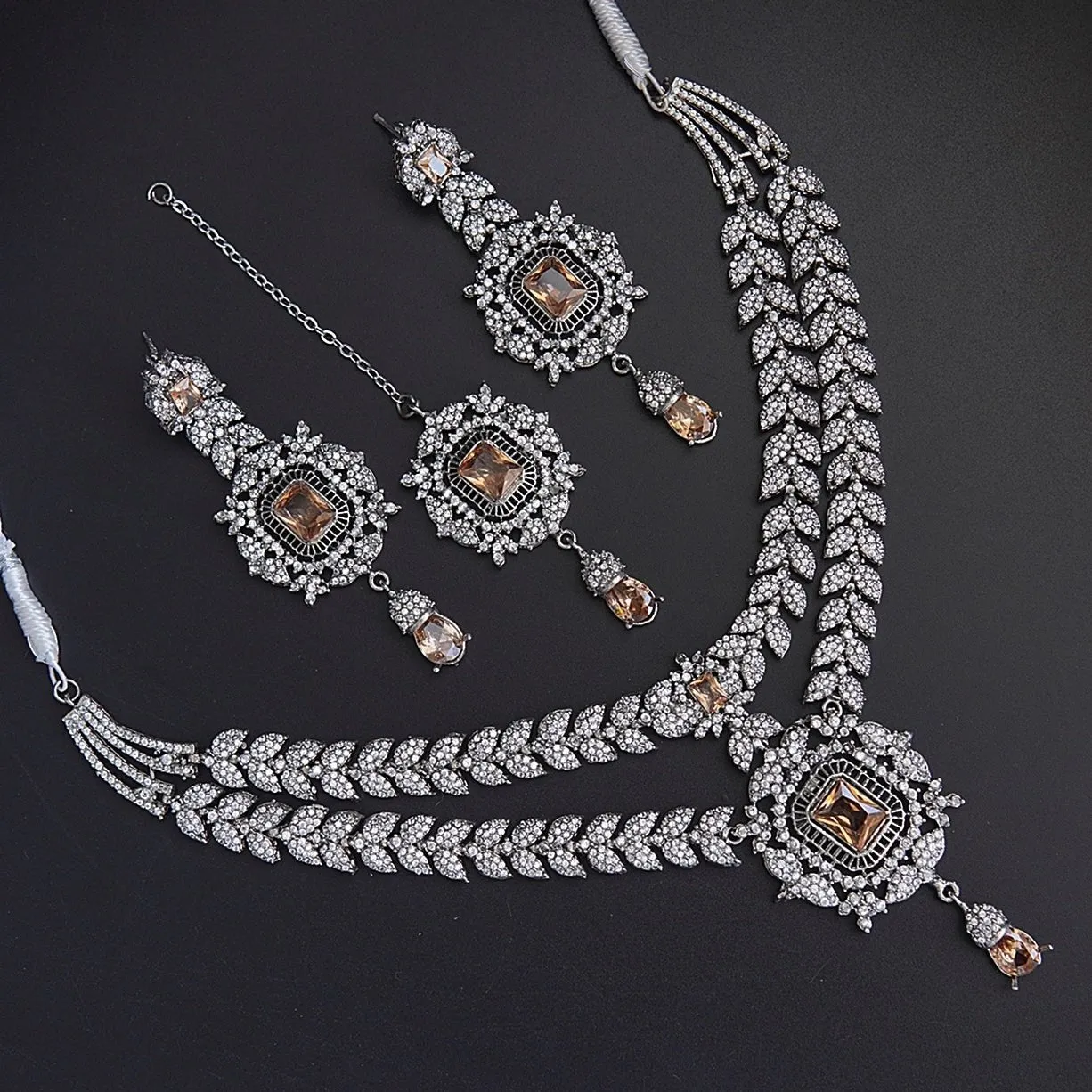 Silver Double Neckline Zirconia Necklace Set