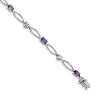 Silver Genuine Amethyst Oval Diamond Bracelet