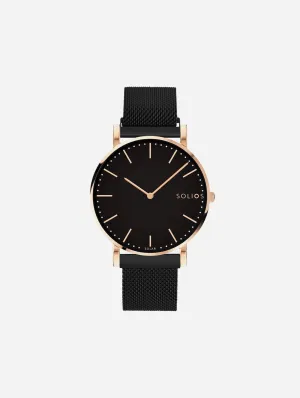 Solar Watch with Black & Rose Gold Dial | Black Mesh Strap