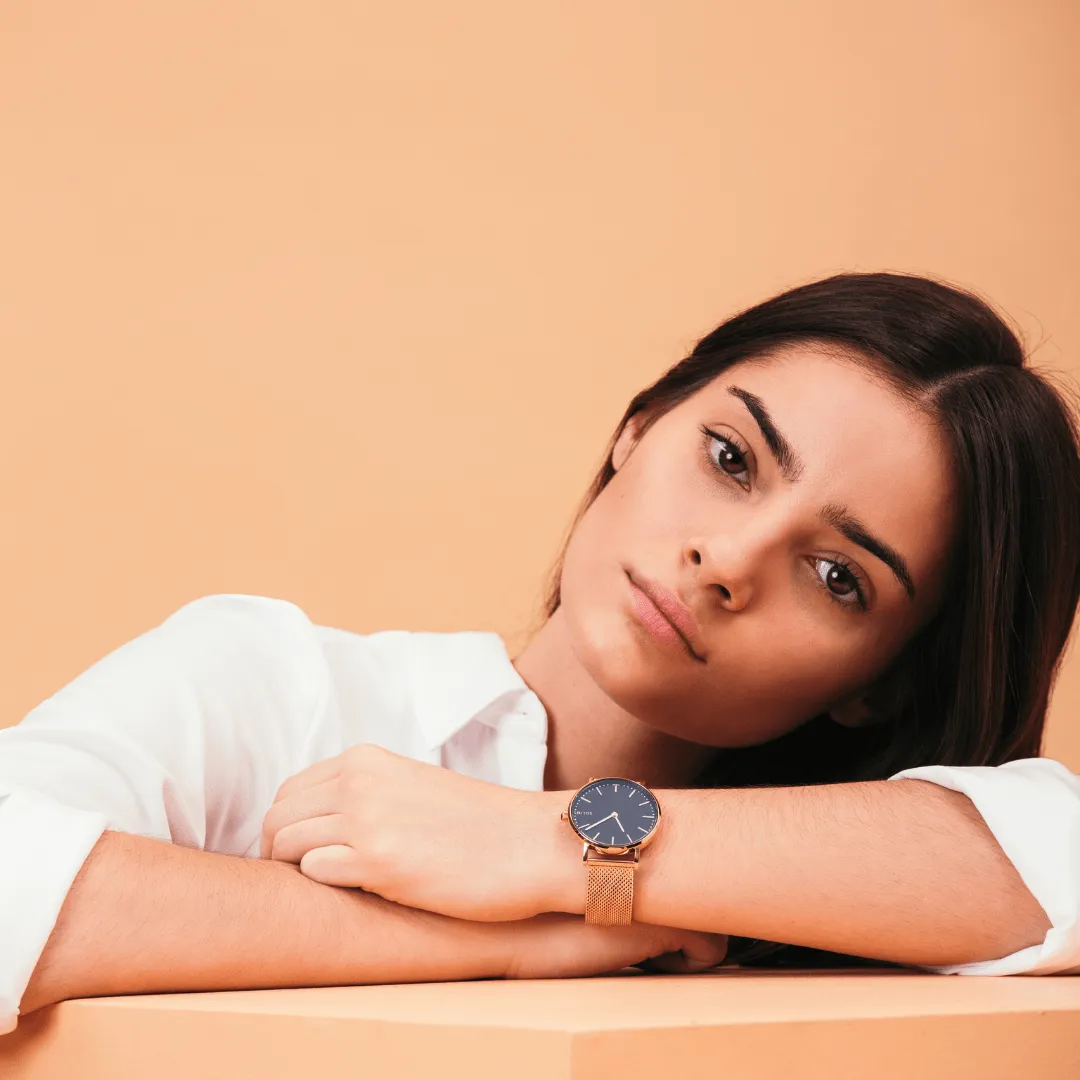 Solar Watch with Black & Rose Gold Dial | Black Mesh Strap