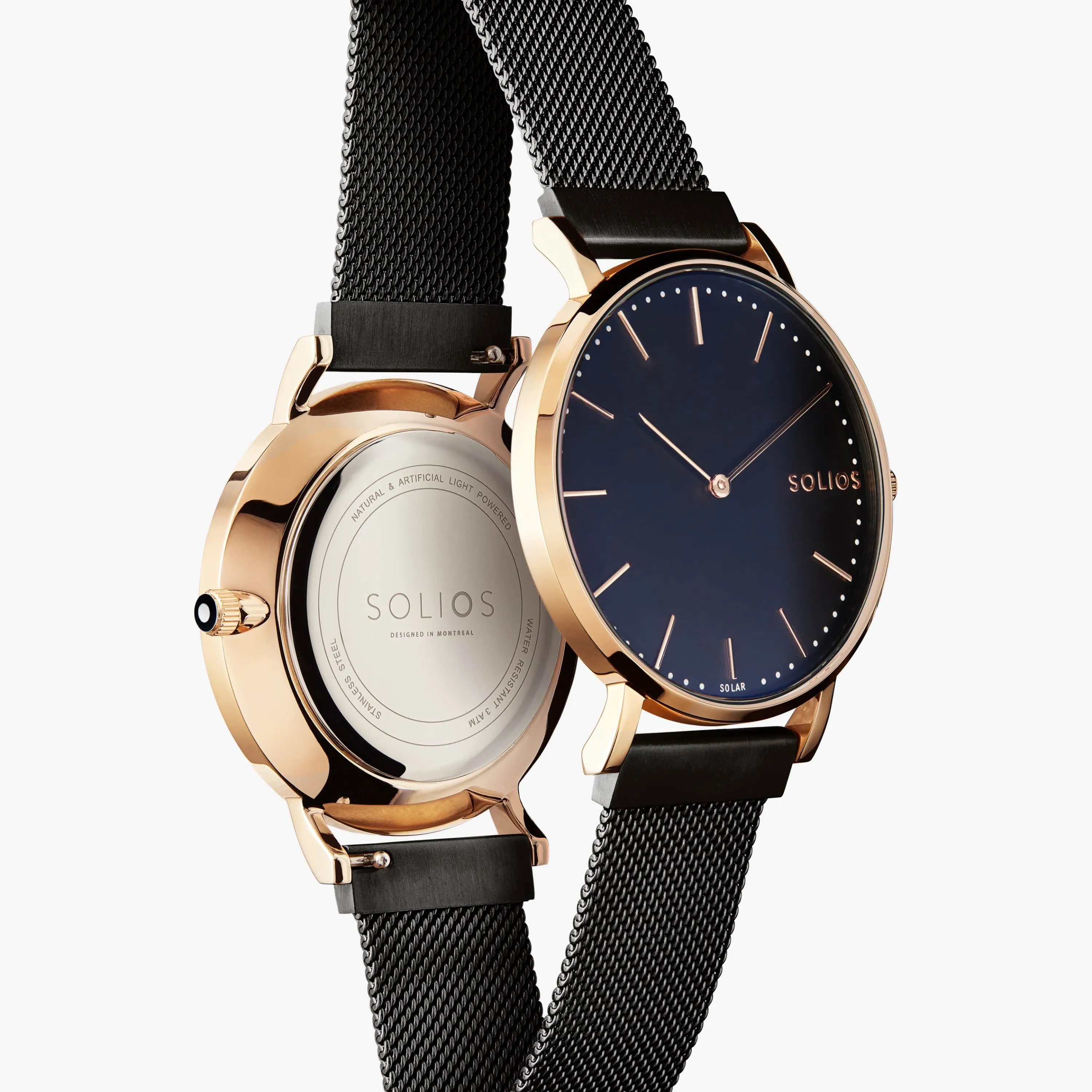Solar Watch with Black & Rose Gold Dial | Black Mesh Strap