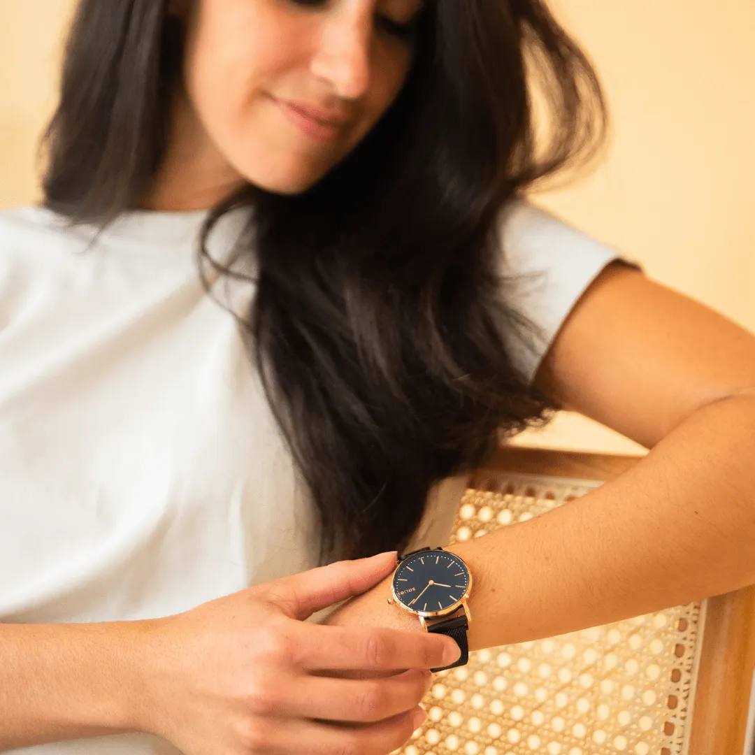 Solar Watch with Black & Rose Gold Dial | Black Mesh Strap
