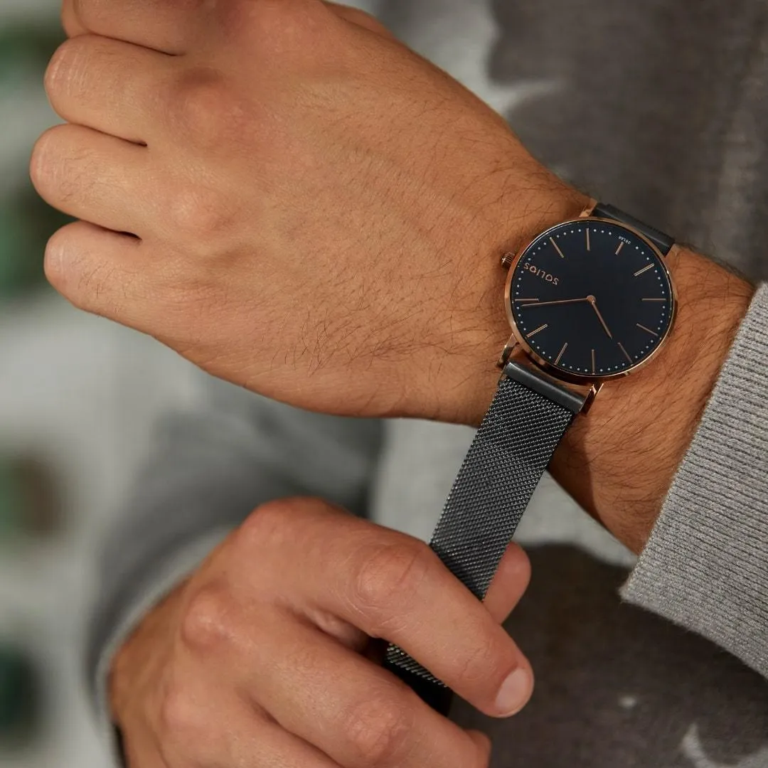 Solar Watch with Black & Rose Gold Dial | Black Mesh Strap