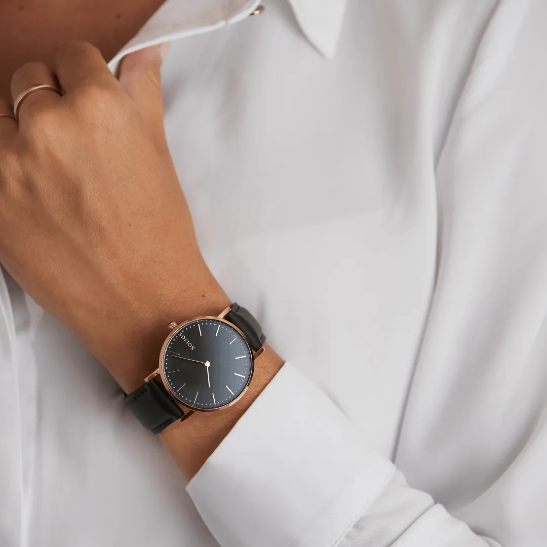 Solar Watch with Black & Rose Gold Dial | Black Mesh Strap