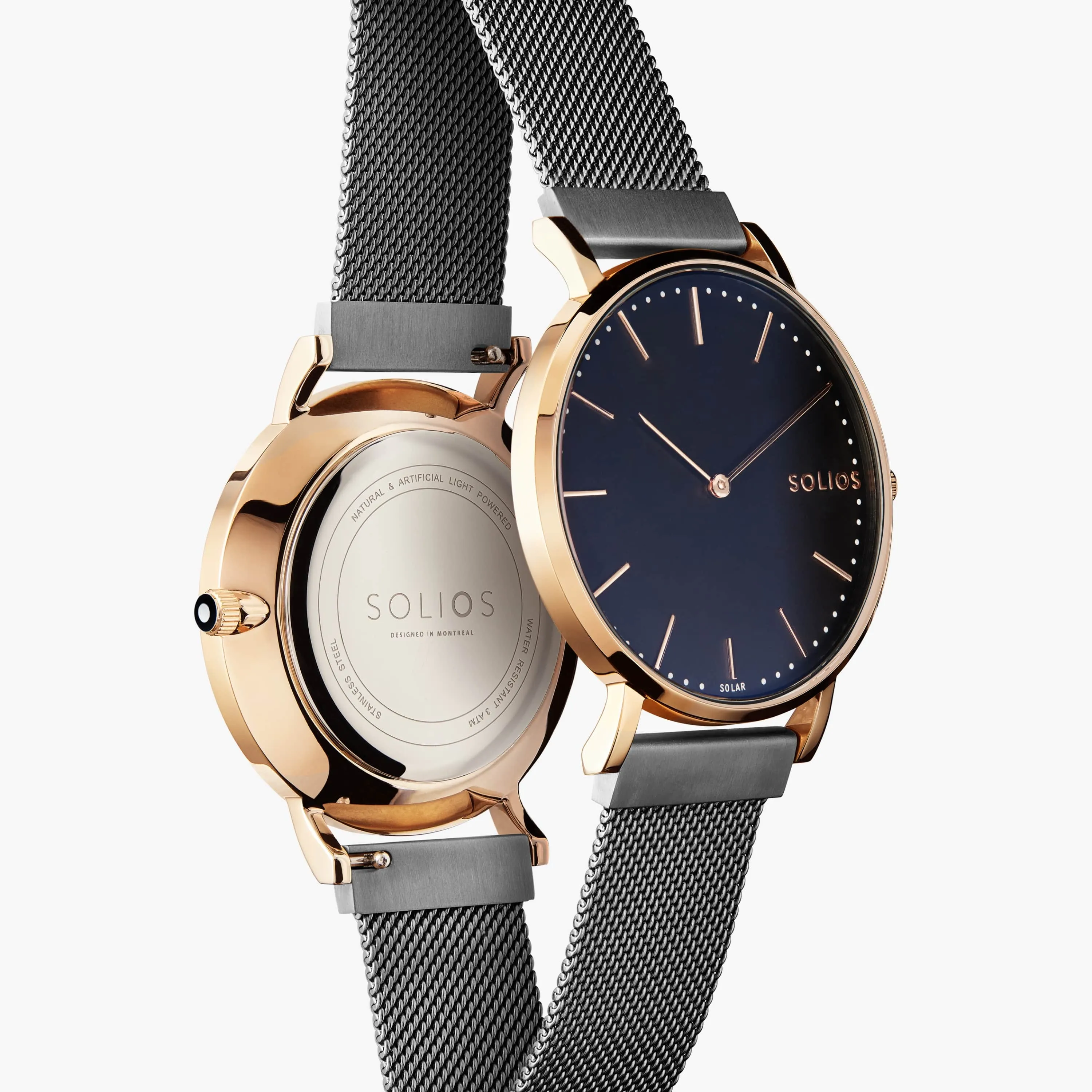 Solar Watch with Black & Rose Gold Dial | Grey Mesh Strap