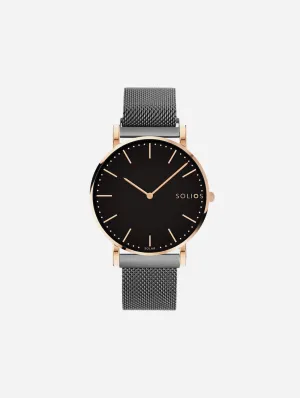 Solar Watch with Black & Rose Gold Dial | Grey Mesh Strap