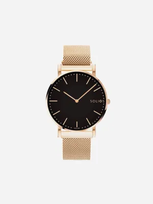 Solar Watch with Black & Rose Gold Dial  | Rose Gold Mesh Strap