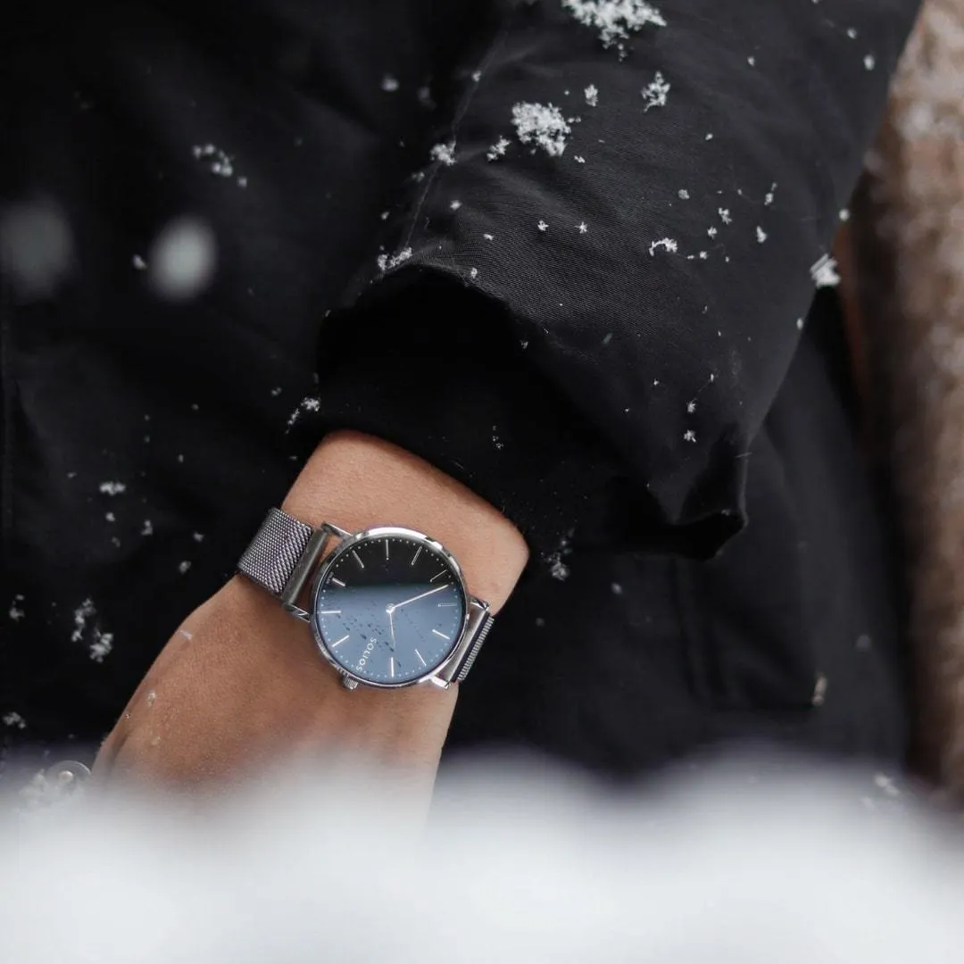 Solar Watch with Black & Silver Dial  | Blue Mesh Strap
